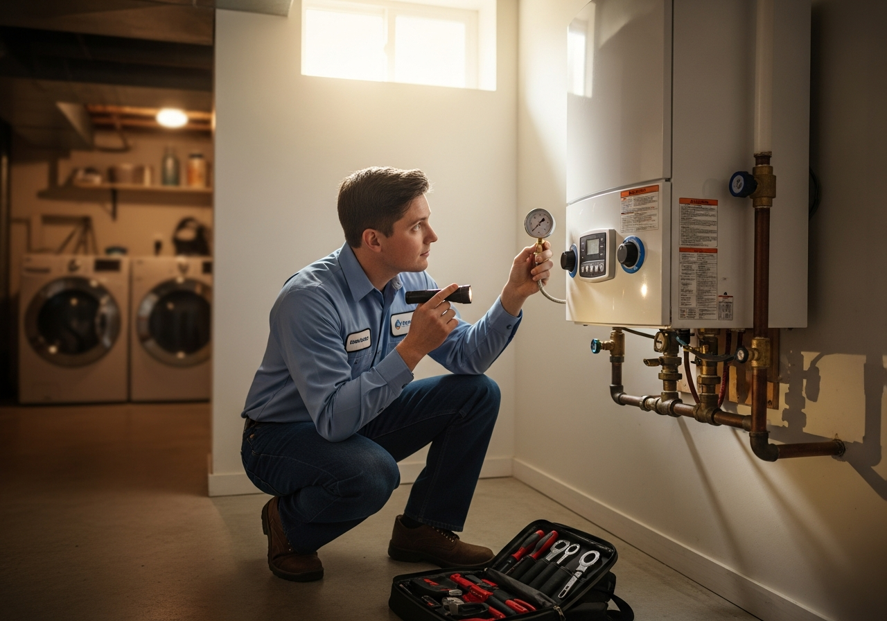 Technician inspecting a residential boiler