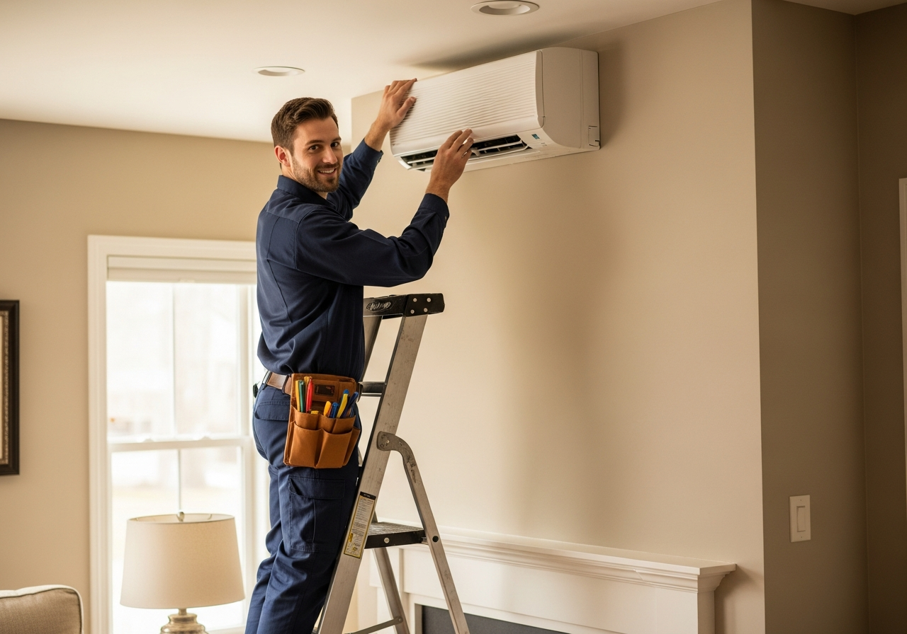 Technician installing a ductless mini-split head unit