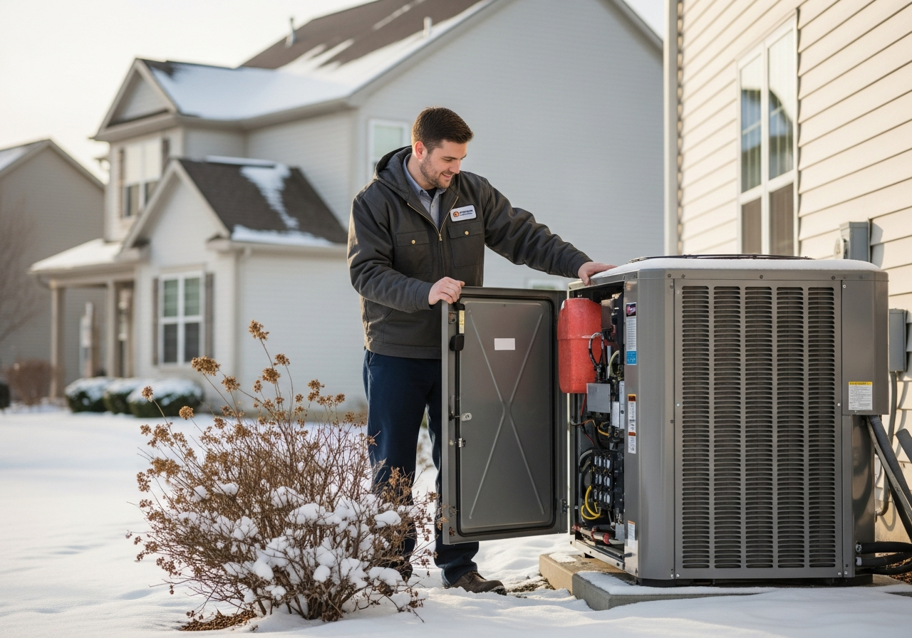 Technician servicing an outdoor heat pump unit