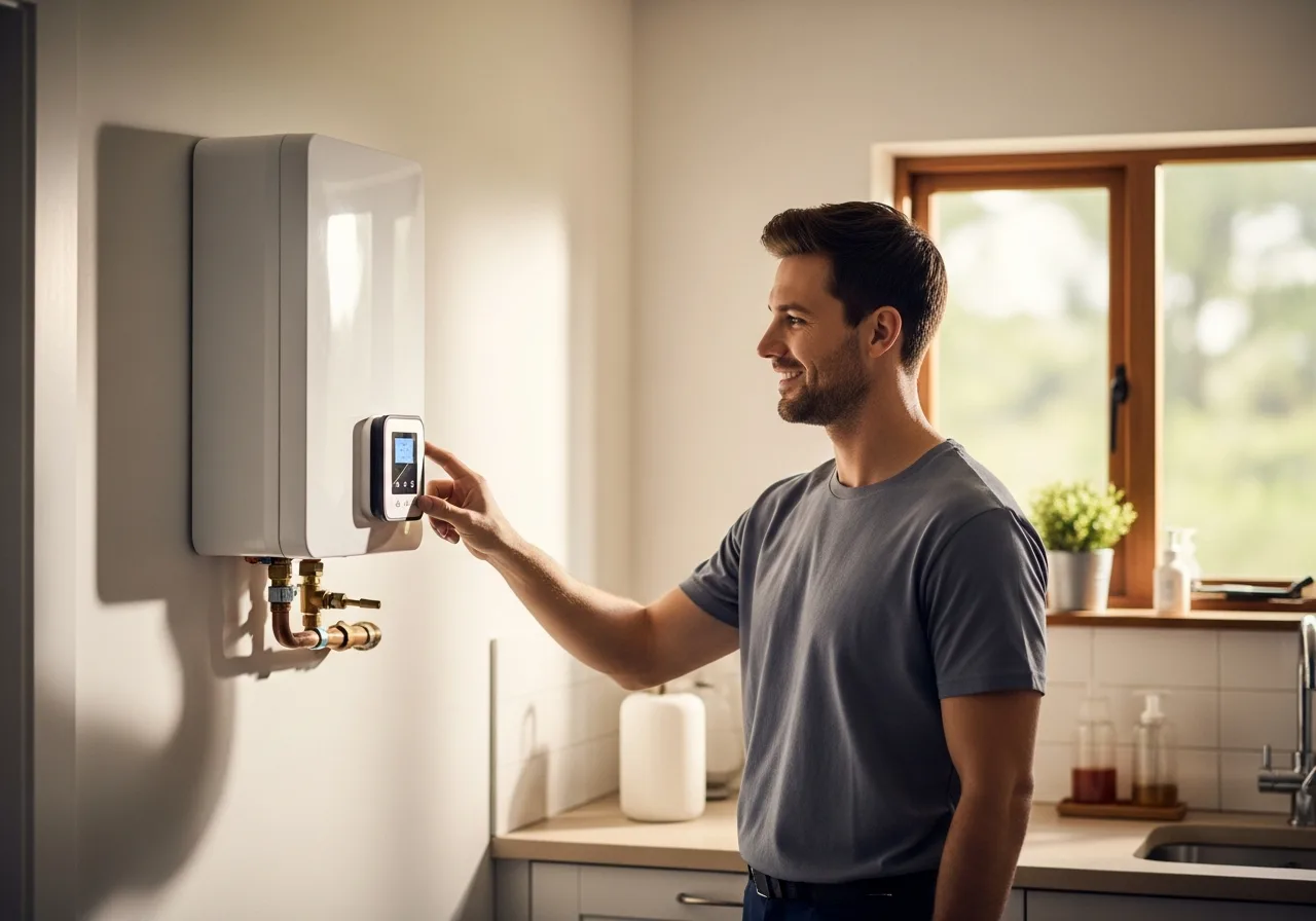 Technician adjusting a tankless water heater